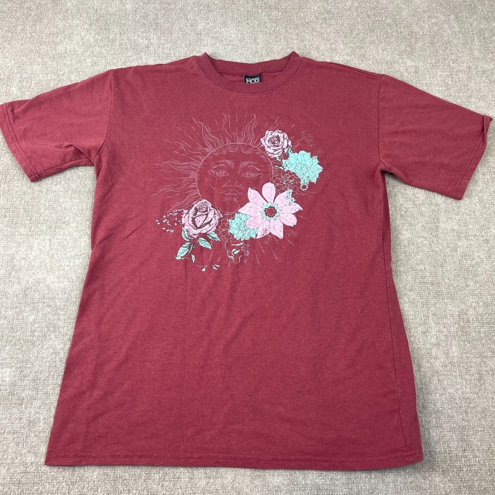 Jerry Leigh Modern Lux T Shirt Womens S Burgundy Floral Sun Face Graphic Print